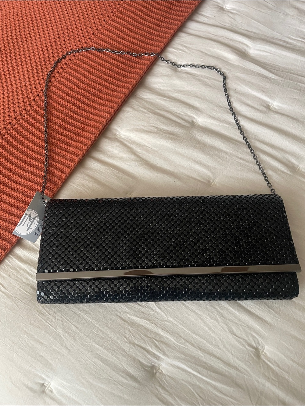 Jessica McClintock Black Sequin Evening Clutch with Chain